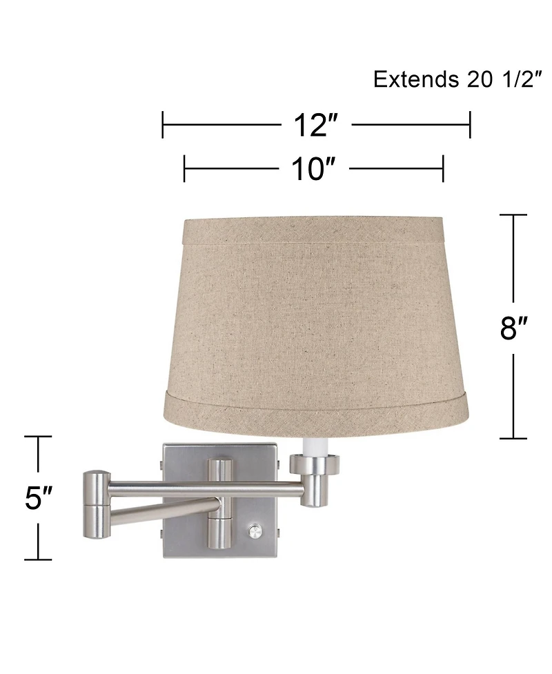 Possini Euro Design Modern Swing Arm Wall Lamps Set of 2 Brushed Nickel Plug-In Light Fixture Natural Linen Drum Shade for Bedroom