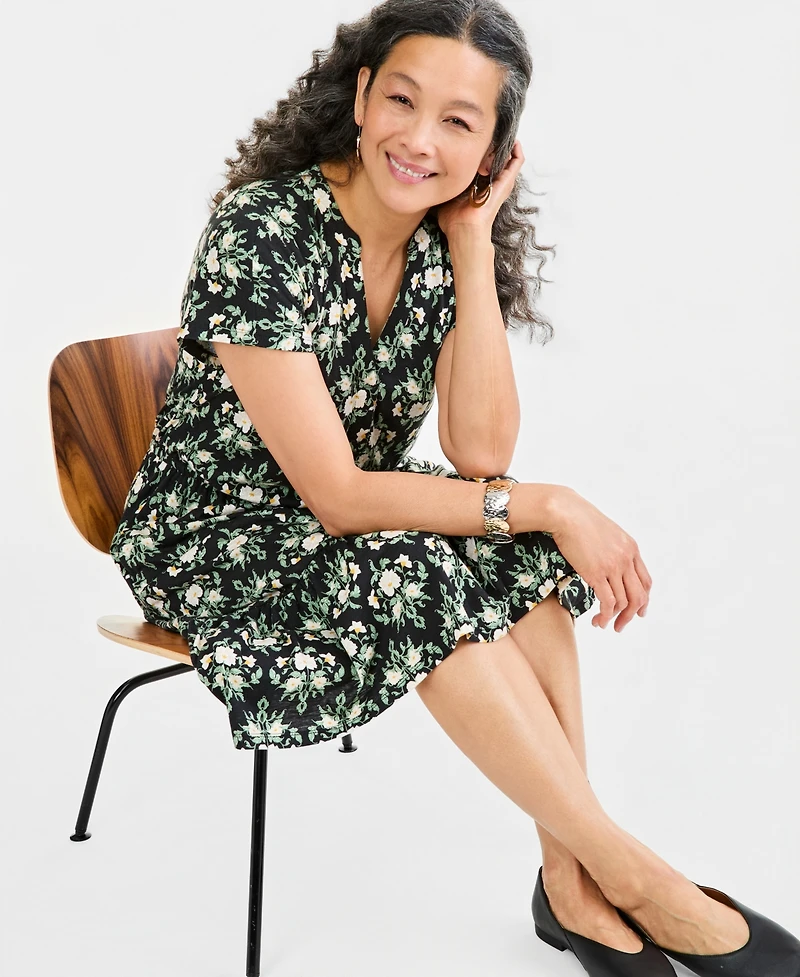 Style & Co Women's Printed V-Neck Short-Sleeve Knit Midi Dress, Macy's Exclusive