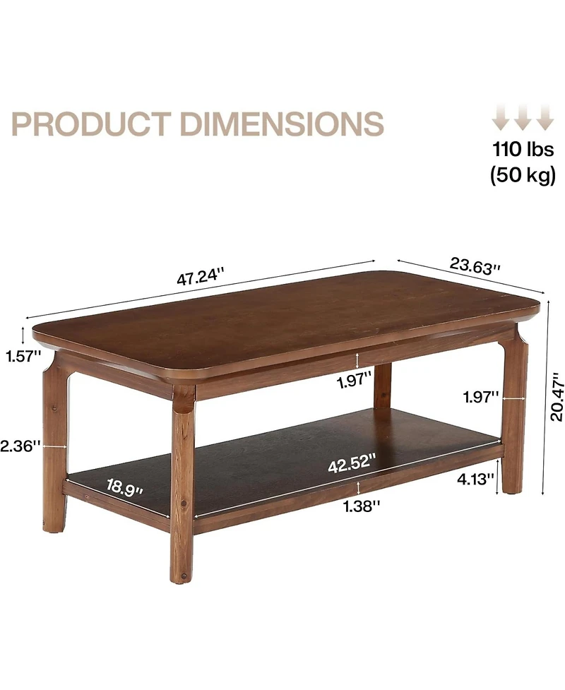 Tribesigns 47 Inch Coffee Table, Mid Century Modern Rectangular Center Table with Open Storage Shelf and Safe Rounded Corners for Living Room,Walnut