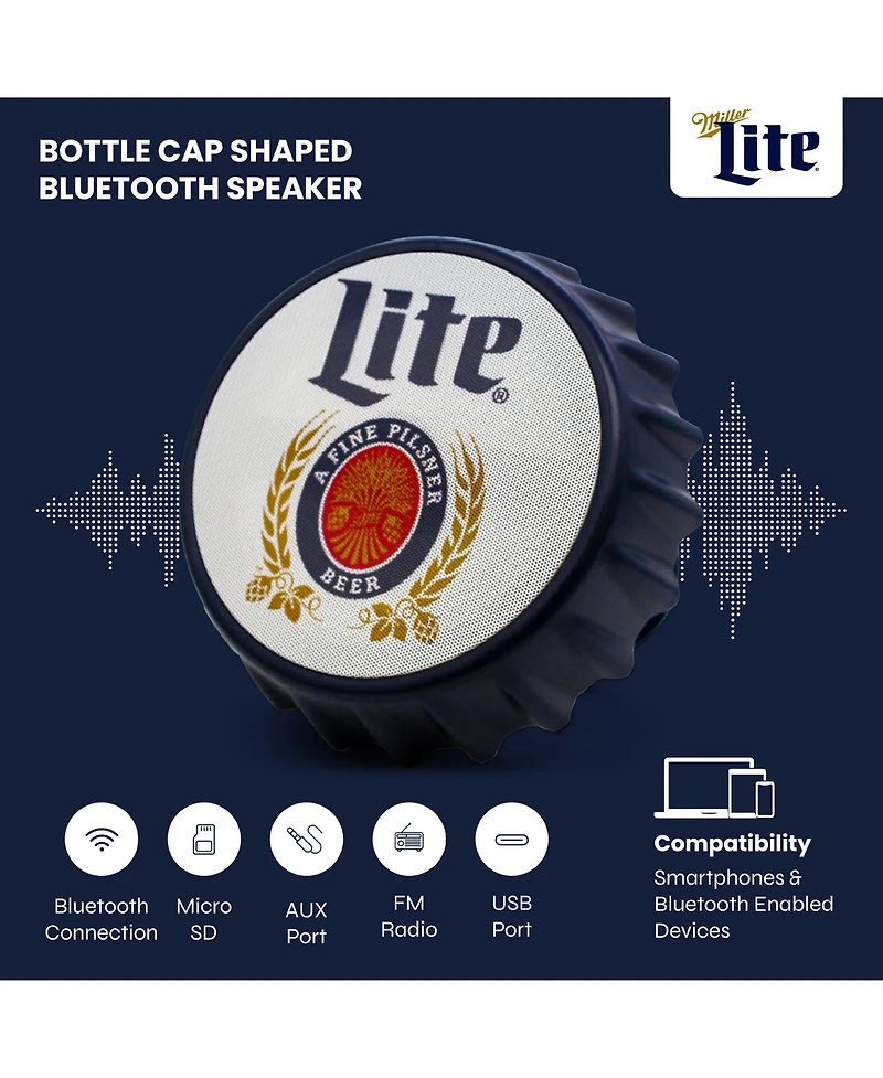 Miller Lite Bluetooth Bottle Cap Speaker with Led Lights, Fm Radio, Kickstand, and Wall Mount