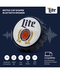 Miller Lite Bluetooth Bottle Cap Speaker with Led Lights, Fm Radio, Kickstand, and Wall Mount