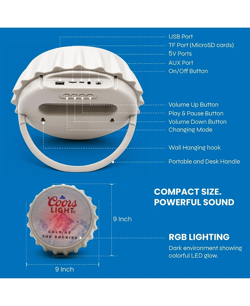 Coors Light Bluetooth Bottle Cap Speaker with Led Lights, Fm Radio, Kickstand, and Wall Mount