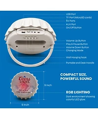 Coors Light Bluetooth Bottle Cap Speaker with Led Lights, Fm Radio, Kickstand, and Wall Mount