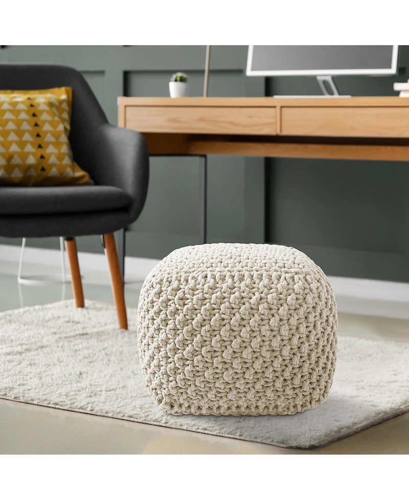 Casafield Square Pouf Ottoman, Light Gray - 18.5" W x D 14.5" H Cotton Knit Foot Stool Boho Floor Pouffe for Living Room
