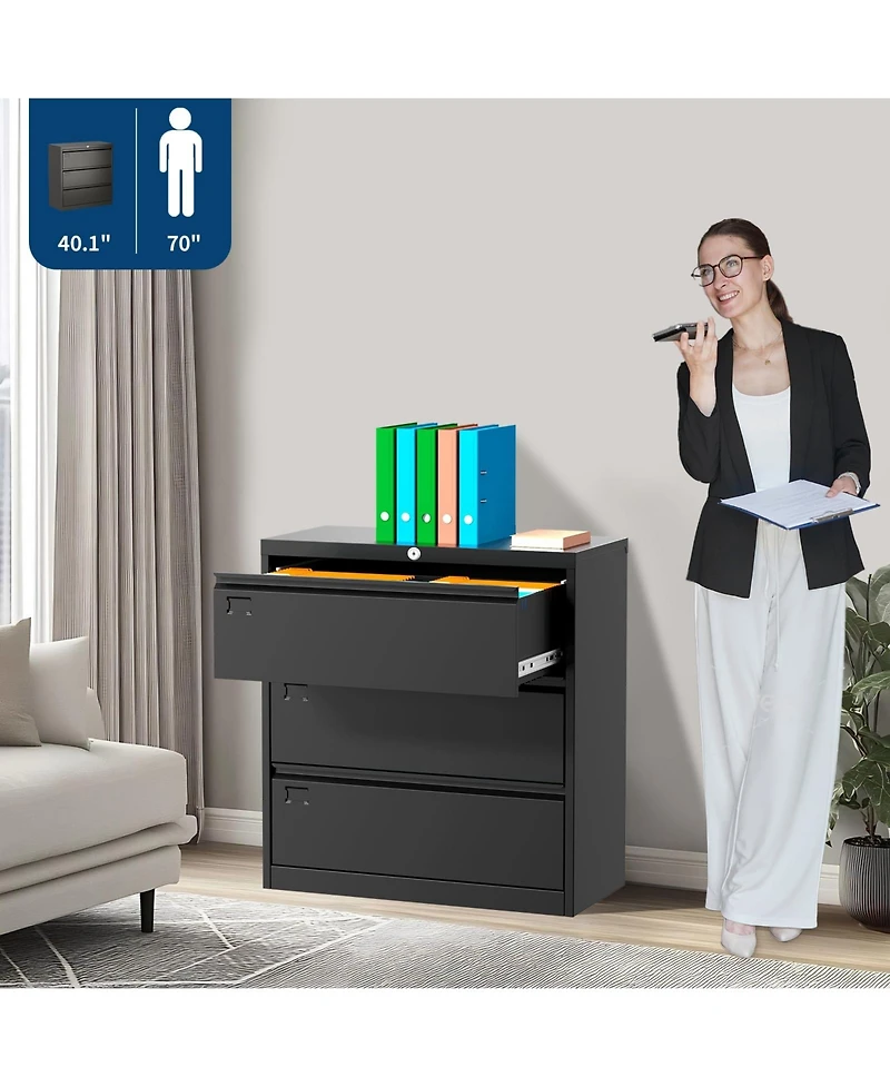 homfan 3 Drawer Lateral Filing Cabinet with Lock - Heavy Duty Metal File Organizer - Fits Letter/Legal/A4 Documents
