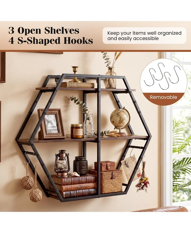 Slickblue Modern 3-Tier Bookshelf with S-Shaped Hooks and Geometric Design