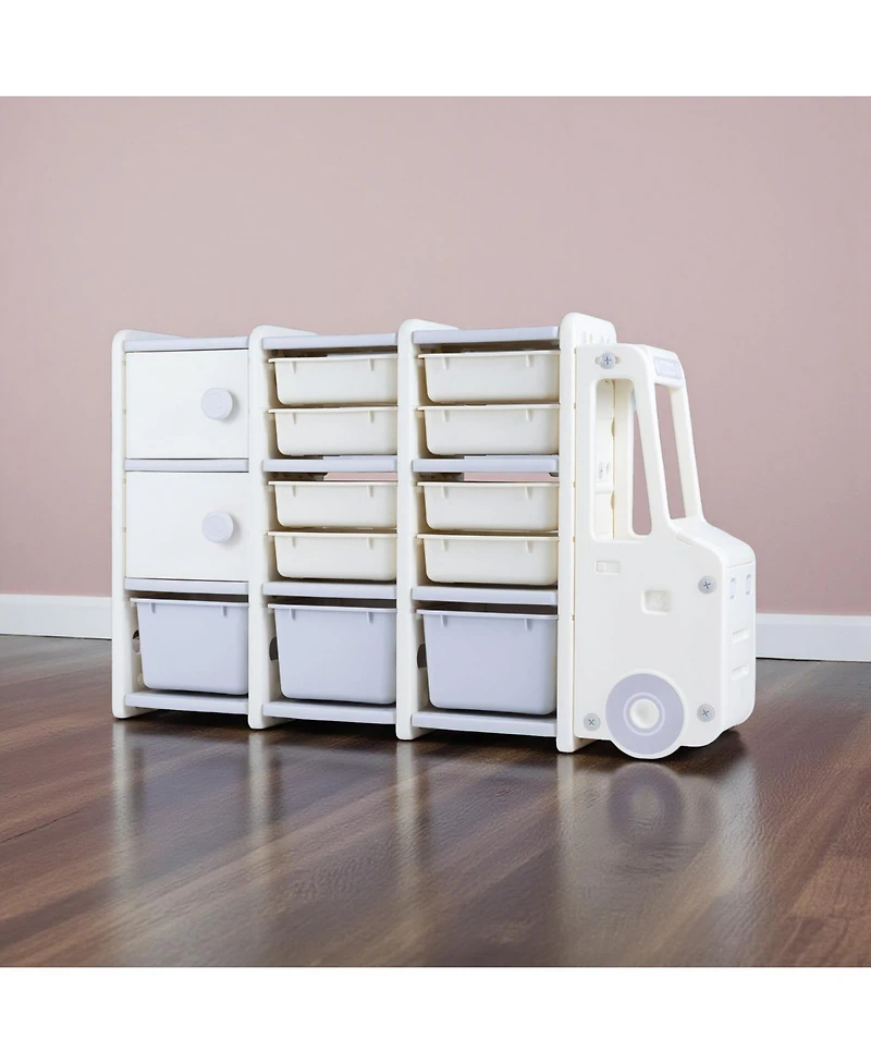 Slickblue Truck-Shaped Toy Chest for Kids with 11 Removable Bins and Storage Cabinets