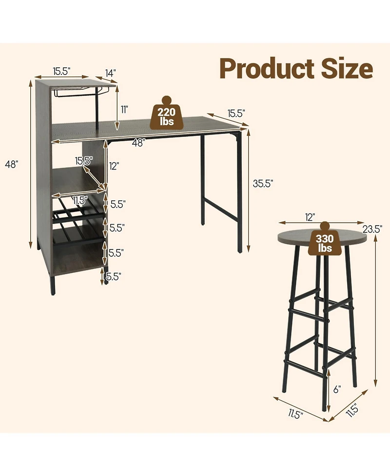 Slickblue 3 Piece Kitchen Bar Table Set with Chairs and 6-Bottle Wine Rack Shelf