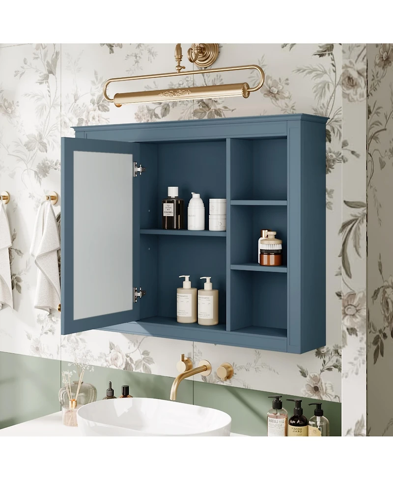 Midola 35" x 28" Medicine Cabinet, Wall Mounted Bathroom Storage Cabinet, Modern Bathroom Wall Cabinet with Mirror and 6 Open Shelves