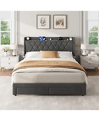 Gaomon Velvet Upholstered Platform Bed Frame with Crystal Tufted Headboard, 2 Storage Drawers, Built-in Charging Station, Noise-Free