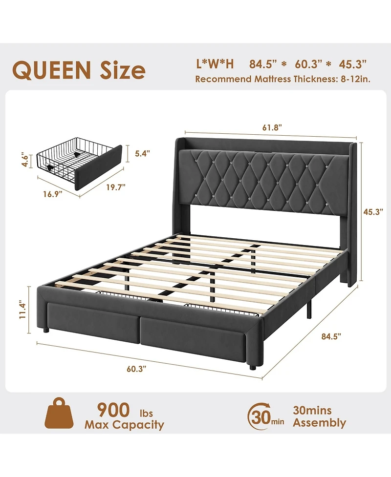 Gaomon Velvet Upholstered Platform Bed Frame with Crystal Tufted Headboard, 2 Storage Drawers, Built-in Charging Station, Noise-Free
