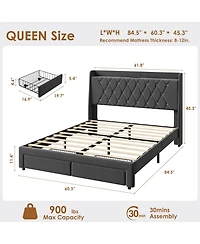 Gaomon Velvet Upholstered Platform Bed Frame with Crystal Tufted Headboard, 2 Storage Drawers, Built-in Charging Station, Noise-Free