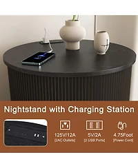 Rainsken Modern Cylinder End Table Set of 2, with Built-in Charging Station and Sliding Door, Fluted Accent Nightstand, for Living Room, Bedroom
