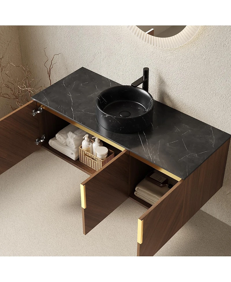 Sillysis Floating Bathroom Vanity Cabinet with Ceramic Vessel Sink, Sintered Stone Countertop, Large Storage