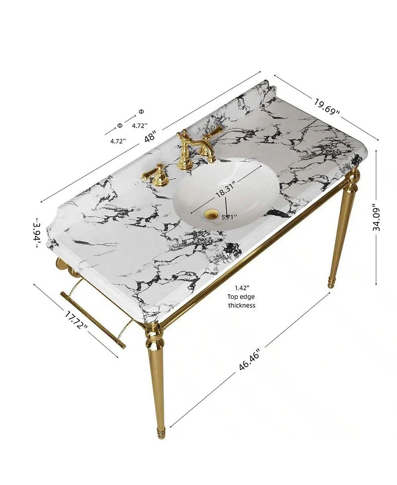 Sillysis 48 Inch Bathroom Console Sink with Engineered Marble Top, Ceramic Basin, Stainless Steel Frame, Retro Style, Towel Bar