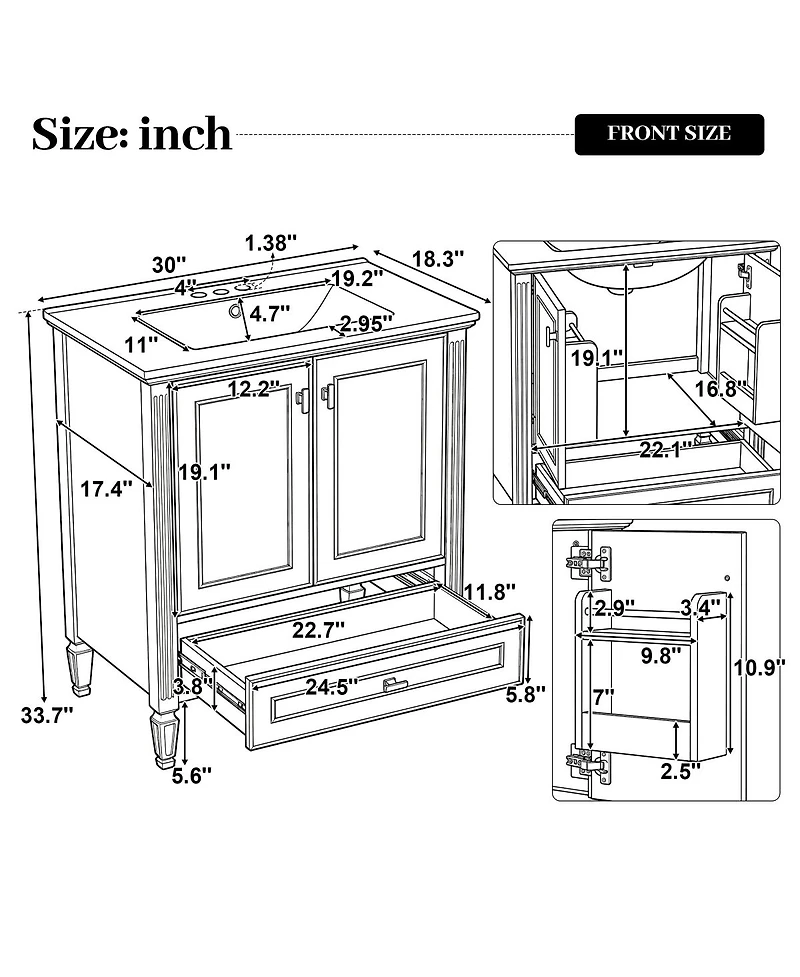 Sillysis 30 Inch Retro Bathroom Vanity with Ceramic Sink, Solid Wood Frame, Soft Close Doors and Bottom Drawer Storage