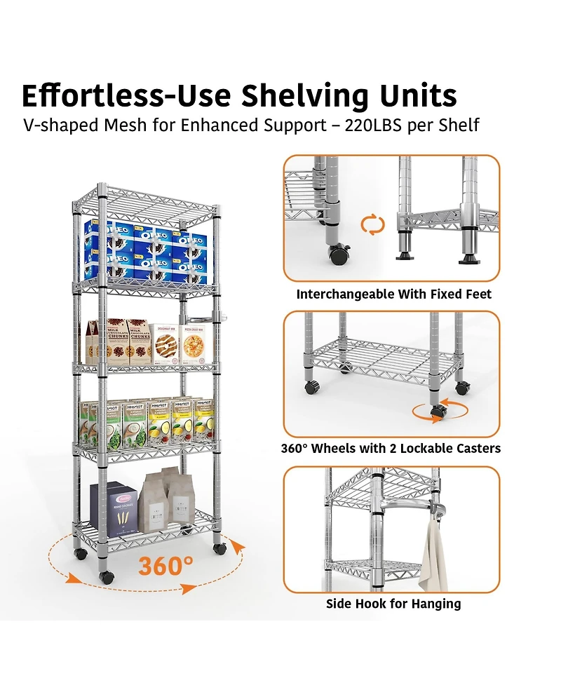 homfan Rolling Bar Cart, 61 Inch Metal Display Rack with Adjustable Shelves and Locking Wheels for Kitchen or Pantry