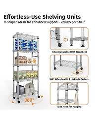 homfan Rolling Bar Cart, 61 Inch Metal Display Rack with Adjustable Shelves and Locking Wheels for Kitchen or Pantry