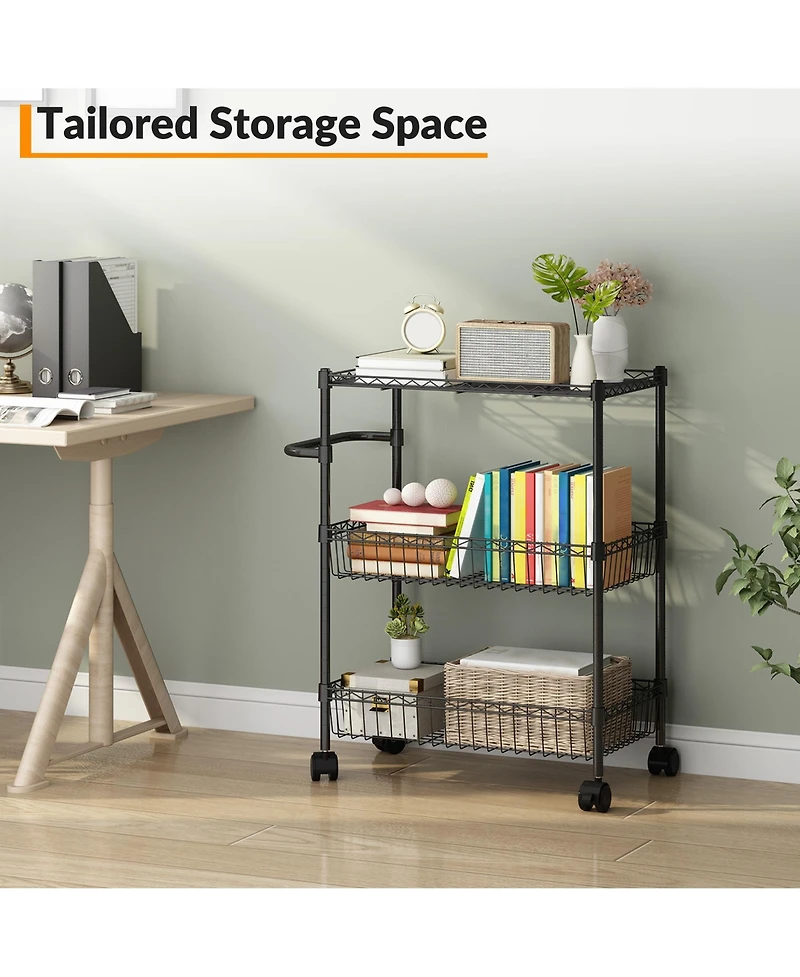 homfan 3 Tier Bar Cart, 28 Inch Heavy Duty Metal Storage Cart with Adjustable Shelves and Locking Wheels for Kitchen or Pantry
