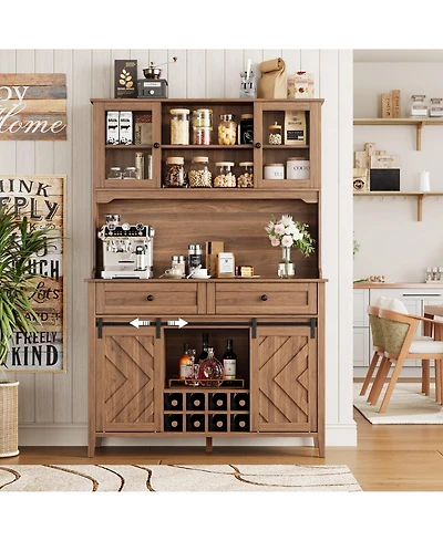 homfan 72" Farmhouse Bar Cabinet with Sliding Barn Doors, Hutch, 2 Drawers, 8 Shelves and Charging Station, Rustic Coffee for Dining Room