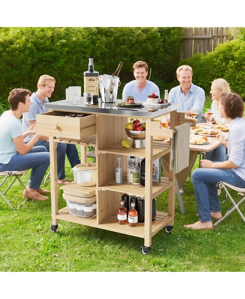 homfan Portable Bar Cart, 41 Inch Wood Kitchen Island with Stainless Steel Top and Locking Wheels for Patio