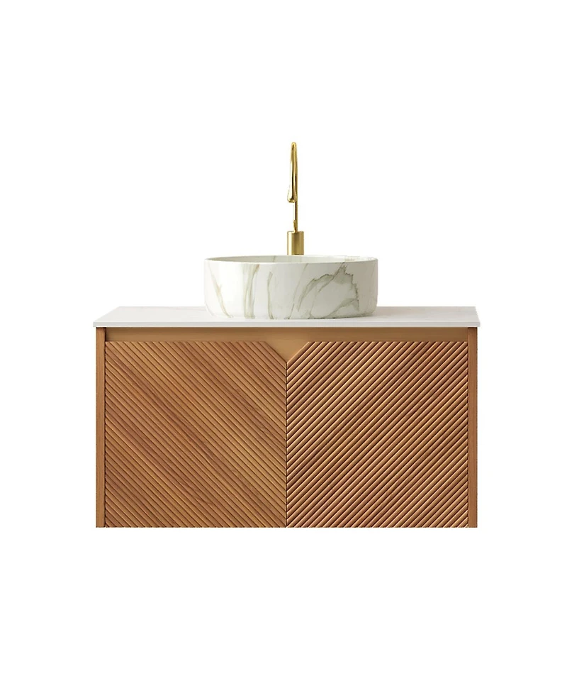 Sillysis Floating Bathroom Vanity with Ceramic Vessel Sink, Carrara Sintered Stone Top, Solid Wood Door