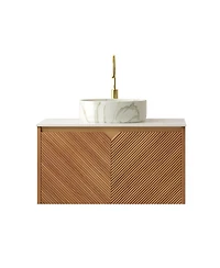 Sillysis Floating Bathroom Vanity with Ceramic Vessel Sink, Carrara Sintered Stone Top, Solid Wood Door