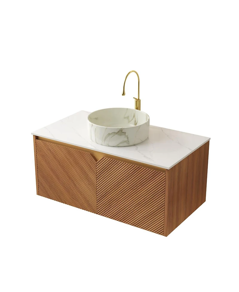 Sillysis Floating Bathroom Vanity with Ceramic Vessel Sink, Carrara Sintered Stone Top, Solid Wood Door