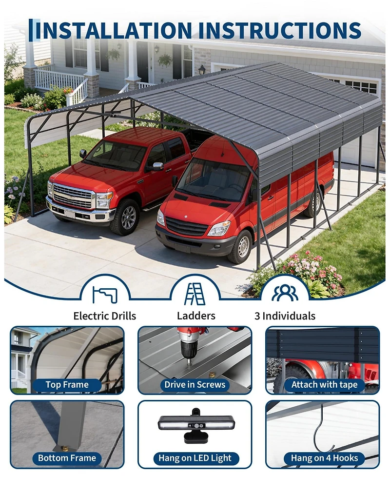 homfan Hardtop Steel Carport with Solar Light, Heavy Duty Metal Vehicle Shelter for Cars Trucks Boats Patio Driveway