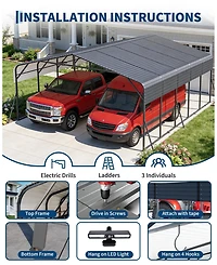 homfan Hardtop Steel Carport with Solar Light, Heavy Duty Metal Vehicle Shelter for Cars Trucks Boats Patio Driveway