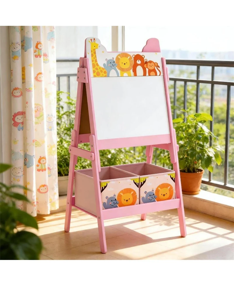 Yobtop Kids Art Easel - Double-Sided Blackboard and Whiteboard, Mdf Frame with Storage Boxes, Cute Pattern Design for Ages 3-8 Years