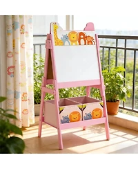 Yobtop Kids Art Easel - Double-Sided Blackboard and Whiteboard, Mdf Frame with Storage Boxes, Cute Pattern Design for Ages 3-8 Years