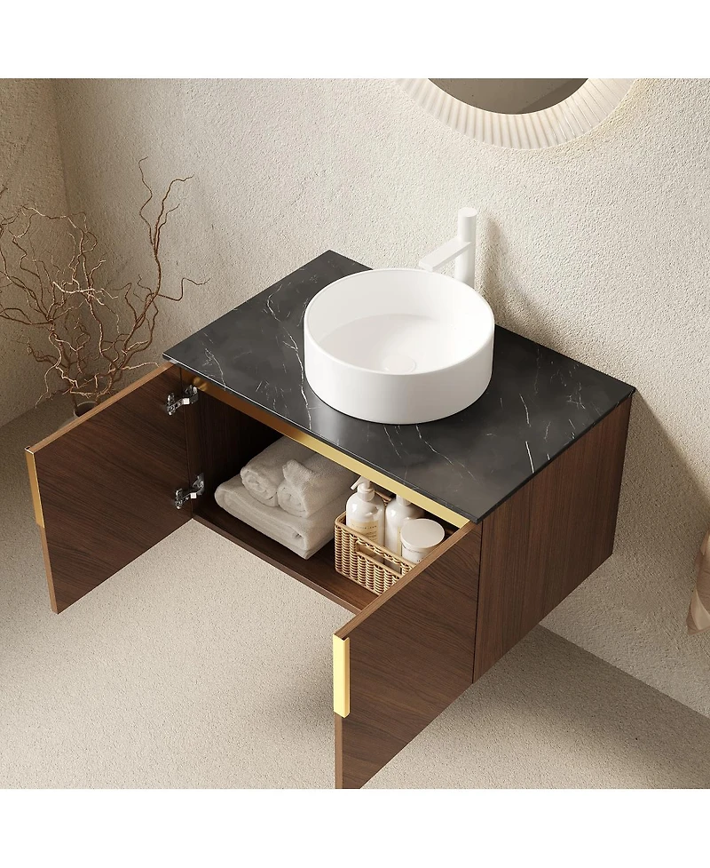 Sillysis Floating Bathroom Vanity Cabinet with Ceramic Vessel Sink, Sintered Stone Countertop, Large Storage