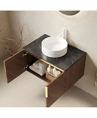 Sillysis Floating Bathroom Vanity Cabinet with Ceramic Vessel Sink, Sintered Stone Countertop, Large Storage