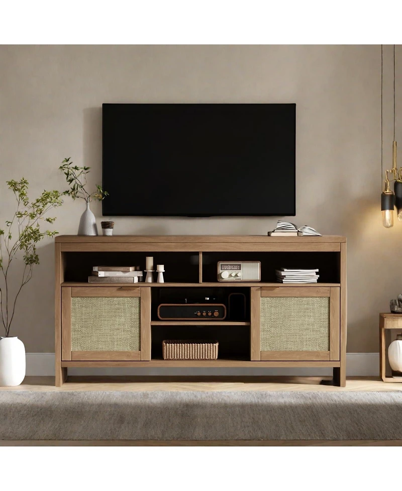 homfan 2 Pieces Boho Tv Stand for 65 in, 58inch Rattan Entertainment Center with Storage, Adjustable Shelves and Doors for Living Room