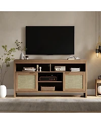 homfan 2 Pieces Boho Tv Stand for 65 in, 58inch Rattan Entertainment Center with Storage, Adjustable Shelves and Doors for Living Room