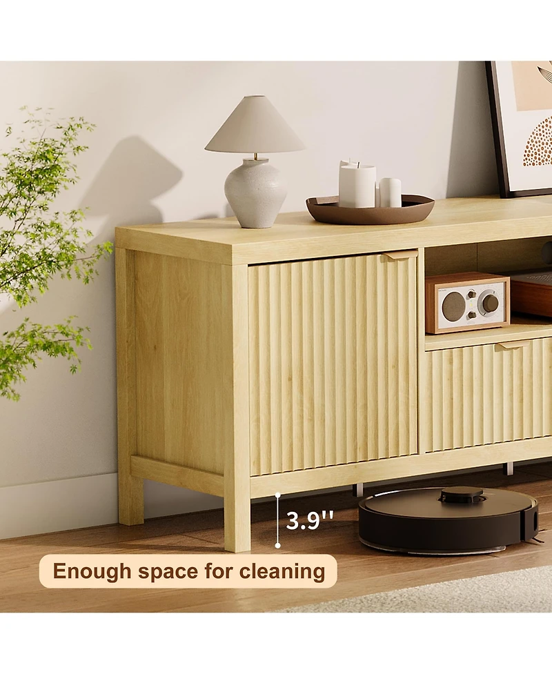 homfan Fluted Tv Stand for 65/75 inches TVs, Mid Century Modern Tv Stand with 2 Cabinet Storage, Tv Console for Living Room, Bedroom