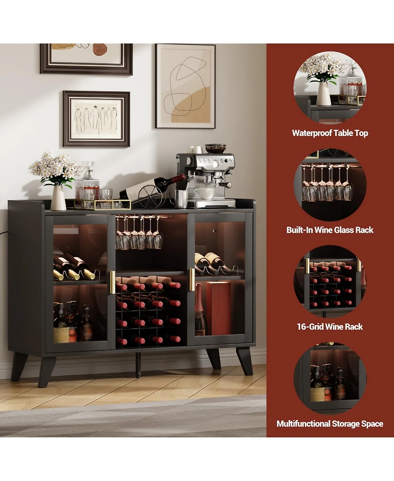homfan Bar Cabinet with Led Lights and Wine Rack