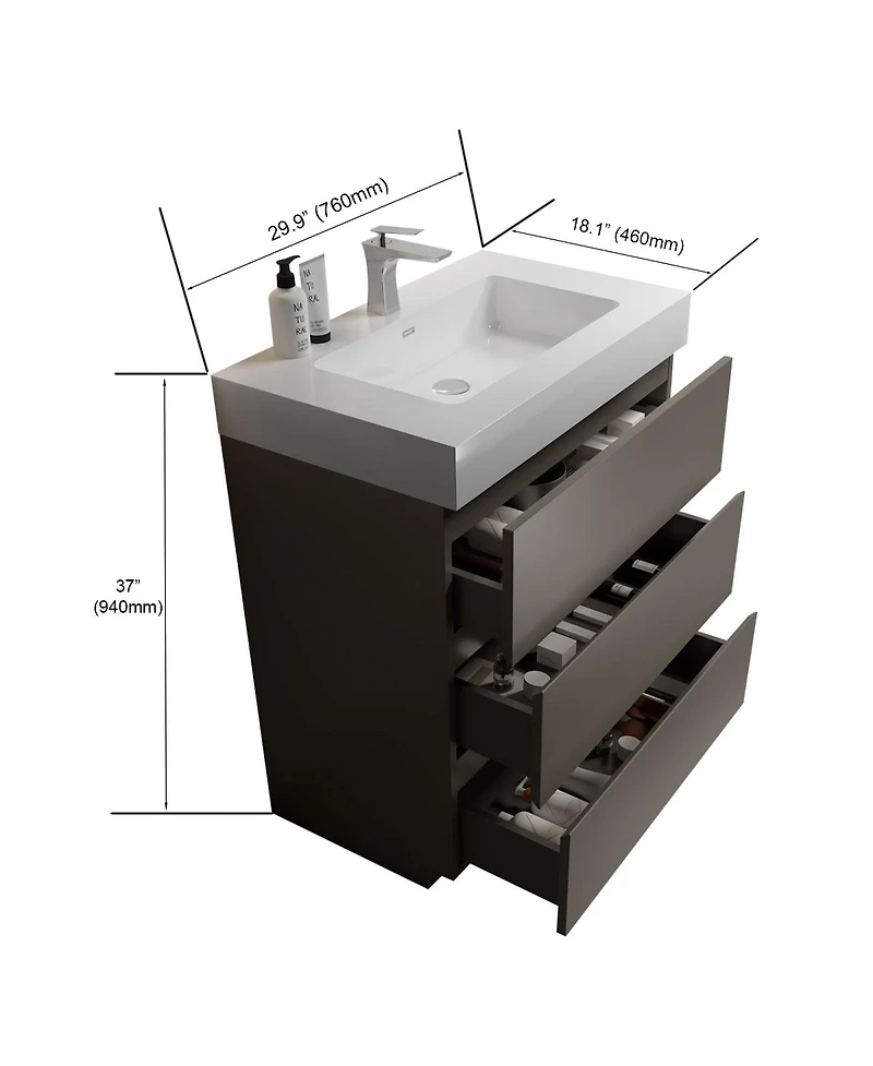 Sillysis Modern Freestanding Bathroom Vanity with Stone Sink, Soft Close Drawers, Handle-Free Storage Cabinet