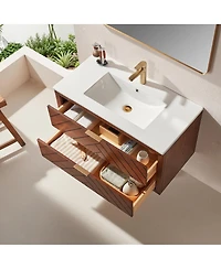 Sillysis Floating Bathroom Vanity with Ceramic Sink, Wall Mounted Modern Cabinet, Deep Drawers for Storage