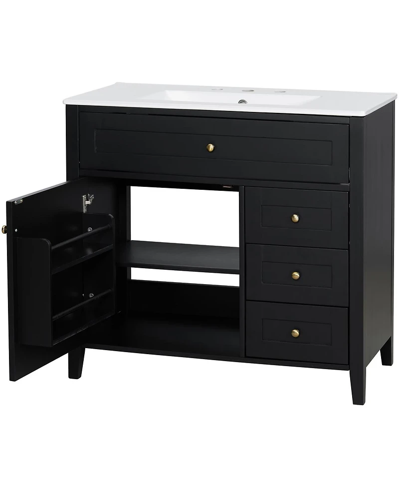 Sillysis 36 Inch Modern Bathroom Vanity with Ceramic Sink, Storage Cabinet, Solid Wood Legs and Adjustable Shelves