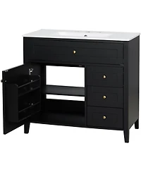 Sillysis 36 Inch Modern Bathroom Vanity with Ceramic Sink, Storage Cabinet, Solid Wood Legs and Adjustable Shelves