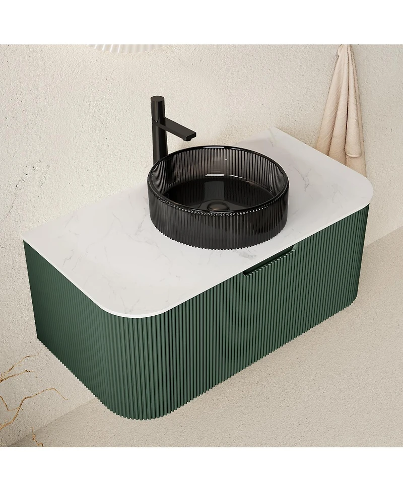 Sillysis Wall-Mounted Bathroom Vanity with Crystal Glass Sink, Sintered Stone Top, Soft Close Drawer