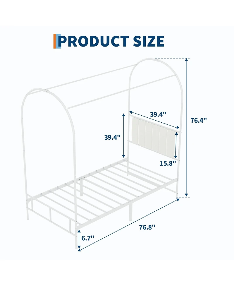 homfan Twin Canopy Bed Frame, Metal Canopy Bed with Upholstered Headboard and Under Bed Storage for Bedroom