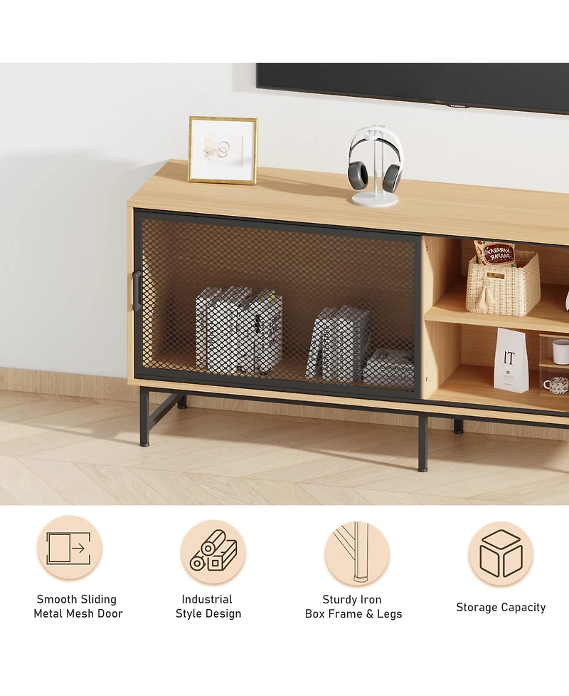 homfan Modern Industrial Tv Stand for 65 Inch Tv, 63inch Unit with Sliding Metal Mesh Doors, Ample Storage, Cable Management, Metal Legs