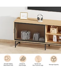 homfan Modern Industrial Tv Stand for 65 Inch Tv, 63inch Unit with Sliding Metal Mesh Doors, Ample Storage, Cable Management, Metal Legs