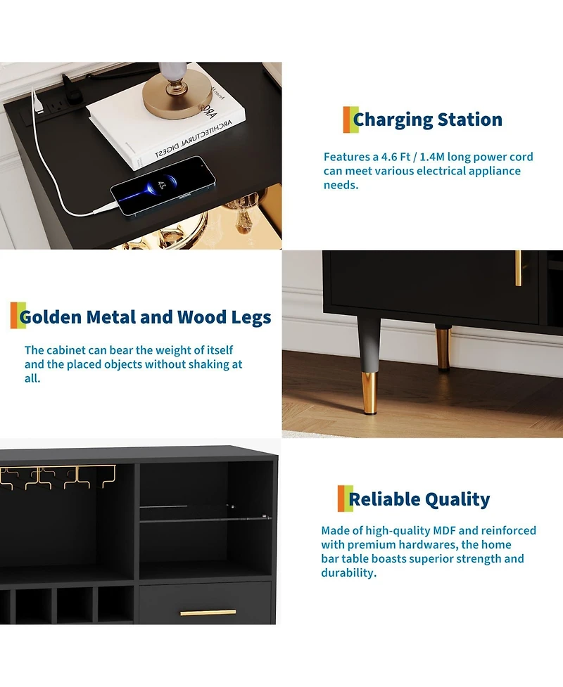 homfan 47" Coffee Bar Cabinet Charging Station and Rgb Led Light, Wood Liquor Storage for Dining Room or Living Room