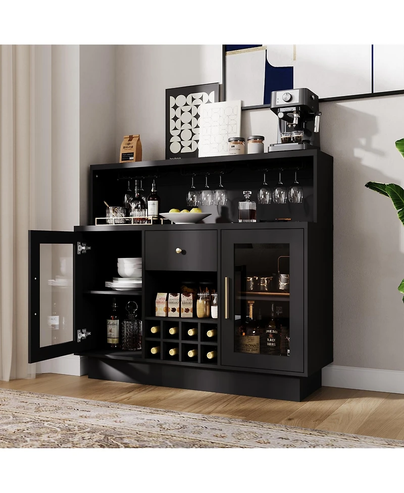 homfan Bar Cabinet with Led Lights, Glass Holder and Power Outlet, Coffee Bar with Drawer Storage for Home and Kitchen