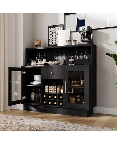 homfan Bar Cabinet with Led Lights, Glass Holder and Power Outlet, Coffee Bar with Drawer Storage for Home and Kitchen