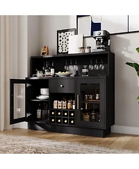 homfan Bar Cabinet with Led Lights, Glass Holder and Power Outlet, Coffee Bar with Drawer Storage for Home and Kitchen